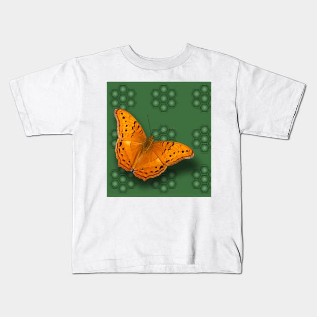 Beautiful orange butterfly on green pattern background Kids T-Shirt by hereswendy